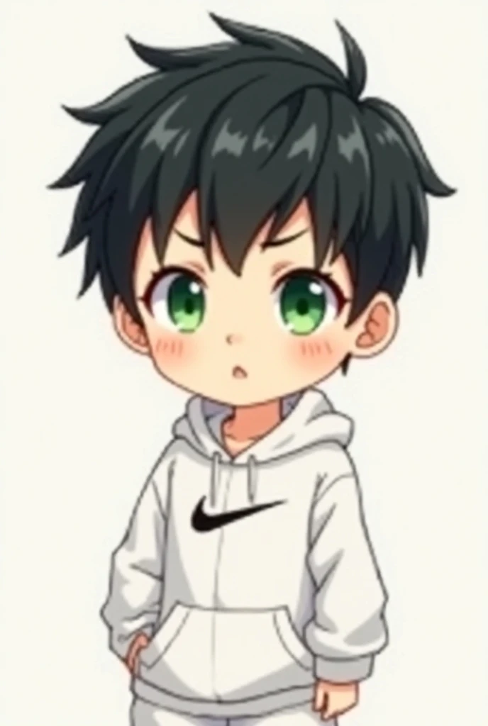 an avatar, anime style,Chibi,Emote for twicht , medium plane
short ,l a boy with short black hair , with green eyes and who wears a white sweatshirt that is Nike 