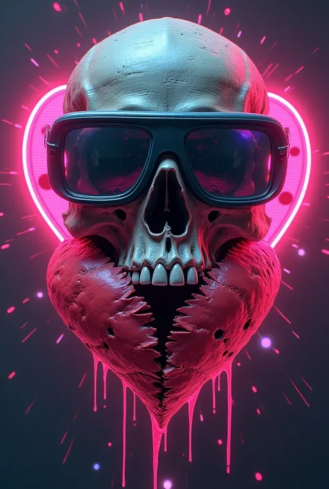 A vaporwave-style artwork with the text "Unplugged Love". The central design features a glitch-distorted skull with a VR glasses overlaid on a pixelated broken heart. Each element has a distinct texture, combining neon colors with distortion effects. This ...