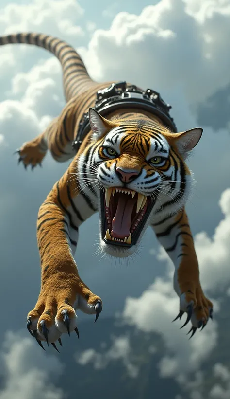 create a hybrid fusion between a tiger and a monstrous snake that is a unique creature, jumping out of the plane with the parachute backpack and wearing skydiver goggles