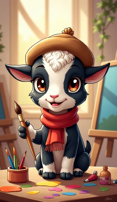 

"A charming and detailed illustration of a baby goat in realistic cartoon style,  with a cheerful and curious expression ,  wearing a red scarf and a brown beret in French style .  The goat holds a brush on one of its paws ,  as if painting a colored can...