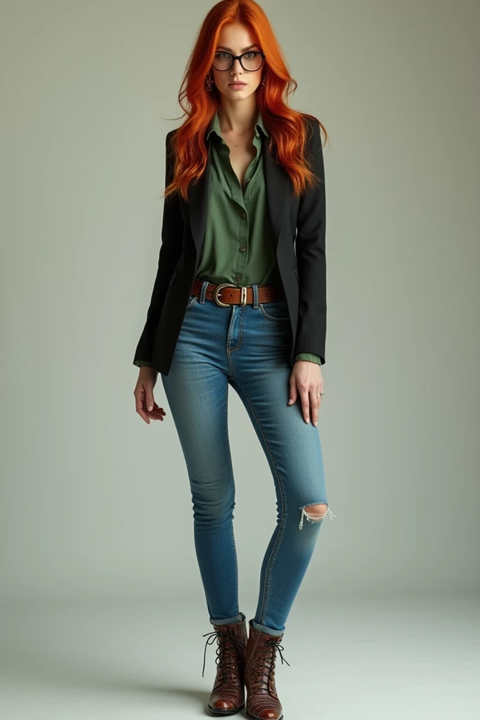  Create for me the orientation image full body portrait of a red-haired woman wearing glasses.  She wears blue jeans ,  a green shirt and a blazer  ,  high heel shoe  . With plaid  