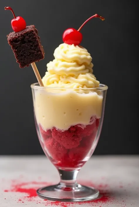 Ponch de Crème snowcone
 in clear cup flat top cover
 with a toothpick with a cube of black cake and a red cherry on it