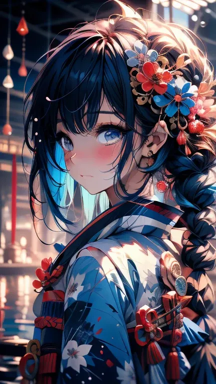 kimonoを着た女の子,  blue hair , Beautiful eyes, kimono,  sad atmosphere , water,  drops sparkle , Splash, zoom, Light and Shadow, Dark and bright , Abstract,  real