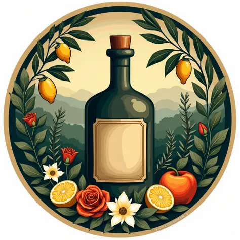 A round logo with a design that combines heritage and craftsmanship, expressing the natural provisions and distillates. The logo includes a traditional distillation bottle in the center, surrounded by elements inspired by the provisions such as olive branc...