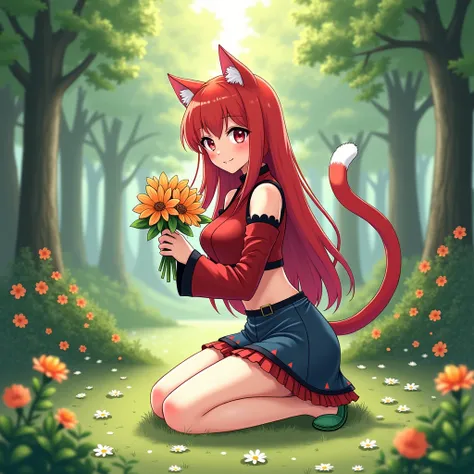  anime character :
Name: neko&Kira 
Gender :  Female 
Appearance :  long red hair ,  bright red eyes, skin white as snow, big and beautiful body, skinny with curves,  perfect silhouette , ears and cats tail.  She wears a red cropped sleeve shirt with black...