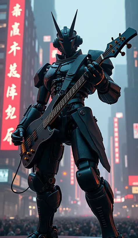 cyberpunk samurai robot, futuristic transformer, electric guitar bass, stage performance, hi-tech city, mechanical enhancements, high-tech fantasy, robotics, blade runner 2049 style, best quality, 8k, hyperrealistic, photorealistic, masterpiece, ultra-deta...