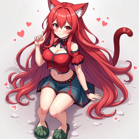  anime character :
Name: neko&Kira 
Gender :  Female 
Appearance :  long red hair ,  bright red eyes, skin white as snow, big and beautiful body, skinny with curves,  perfect silhouette , ears and cats tail.  She wears a red cropped sleeve shirt with black...