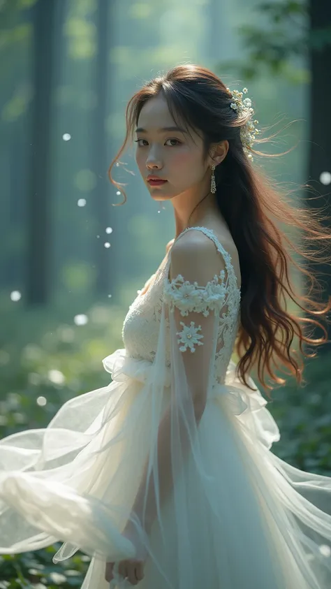 "(masterpiece, highest quality, beautiful and aesthetic: 1.3), Young Japanese woman: 1.2, Elegant and natural pose, Smooth and shining skin texture: 1.3, Long brown hair gently fluttering in the wind: 1.2, Delicate lace long dress, Transparent porcelain-li...