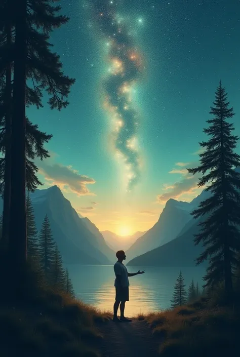 A person standing peacefully in a serene natural setting, surrounded by beautiful elements of nature like trees, mountains, and a glowing sky. They are gazing up at the stars with a calm and content expression, their hands lifted slightly in a gesture of g...