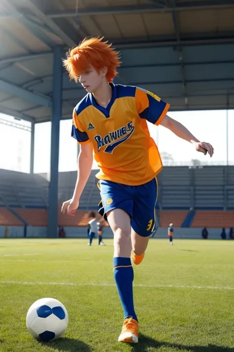 「 a character with bright orange hair 、Picture a scene where you are chasing a blue and yellow patchwork ball。 draw a scene where the character is wearing a sports uniform and 、 with soft light shining into the background 。Emphasize hair movements and ligh...