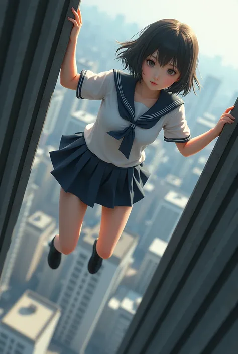 A schoolgirl with her legs facing down on the roof of a building, holding a wall frame with her hands and hanging with her arms 