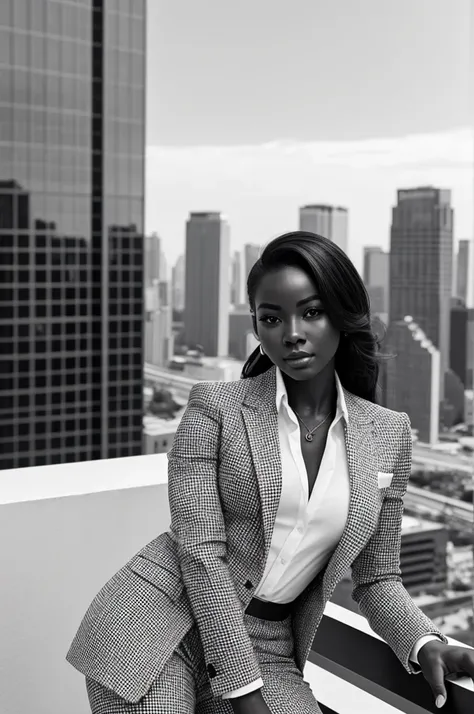 darkskin woman in a black and white suit posing on a ledge, style artgerm, extremely detailed artgerm, ig model 