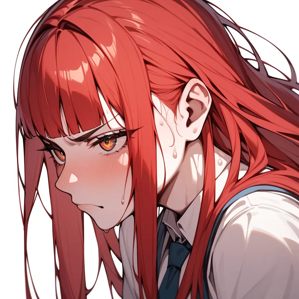 portrait,light frown, from side,,{{One face}}sweat, v-shaped eyebrows, Woman,{{One face}}, {{masterpiece}}, {{{best quality}}},{{ultra-detailed}},,Straight hair,Long hair ,Red Hair, blunt bangs,　(((white background))),