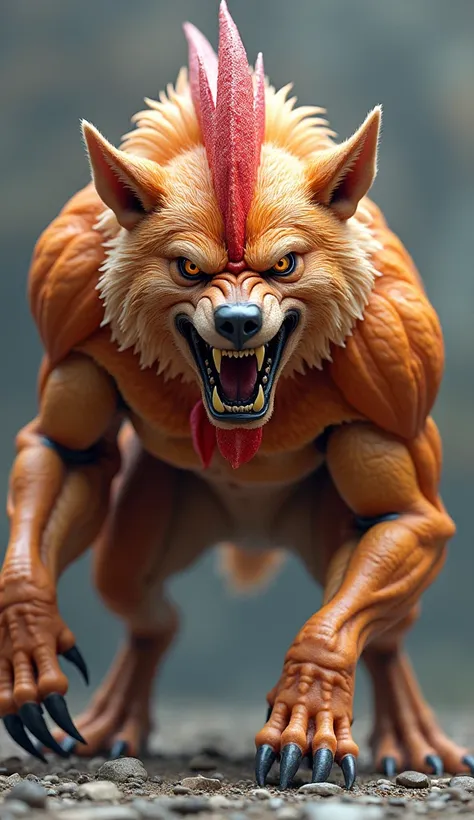  an ultra-realistic image of a hybrid creature that fuses
traits of an Angry Hybrid Rooster and an Angry Hybrid Dog,  forming a powerful 
Ferocious Beast . The creature has a muscular body  .