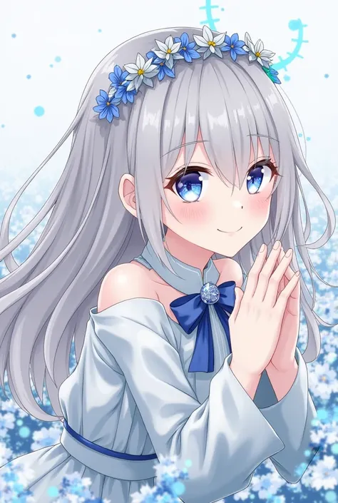  imaginary　 girl, ,  blue eyes,  glitter effect,  Japanese illustration style, Gray Hair, smile,  upper body　beautiful　My hair is fluttering　Soft and fluffy　Looking at a field of flowers , Long Hair,  Headpiece, 