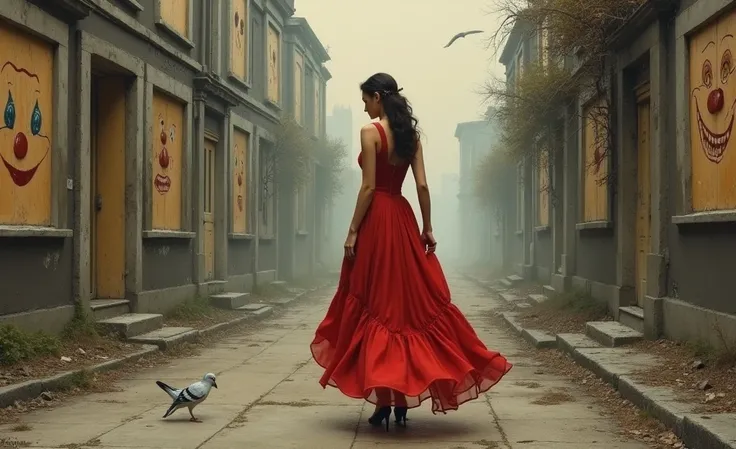 mostly realistic oil painting look .  kind of Victorian.  fine figured woman walking away from the camera in a red dress. the setting is urban 1980s  and most of the windows in the buildings are either broken or boarded over,  all of those that are boarded...