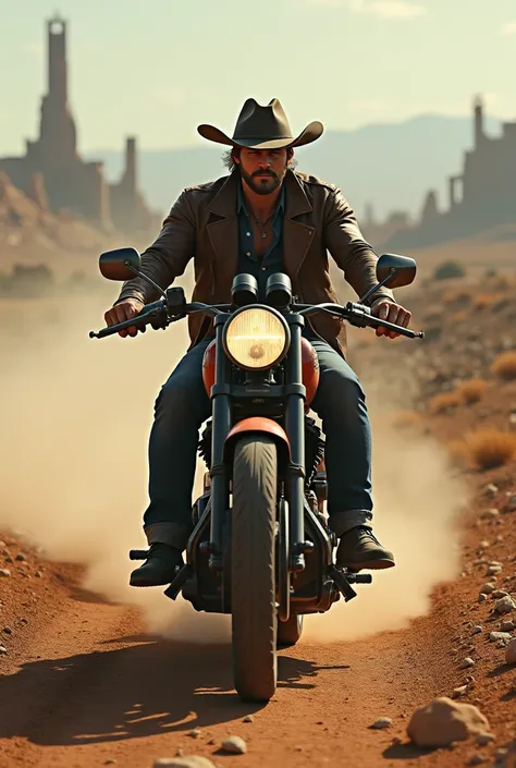 Modern Cowboy, Motorcycle, Riding down Road, Post Apocalyptic Wasteland,   Old World Ruins on the Horizon, From above