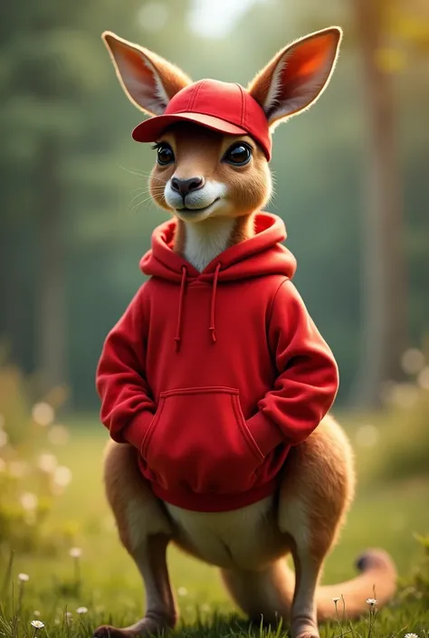 Beautiful kangaroo with red sweatshirt and red cap 