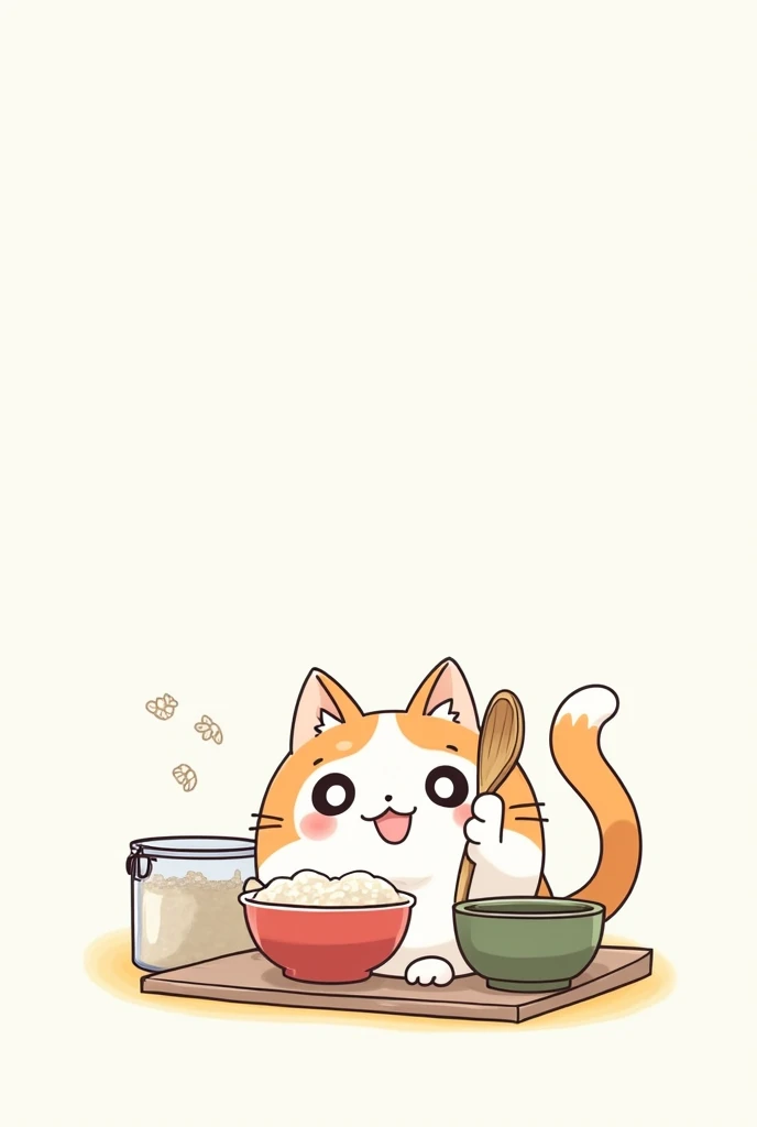 Anime-style cat、Happy expression、Sitting pose、Holding a wooden rice scoop and a bowl of rice、eat rice、A rice container with rice next to it、A playful atmosphere、Simple white background、Bright colors、White and brown fur