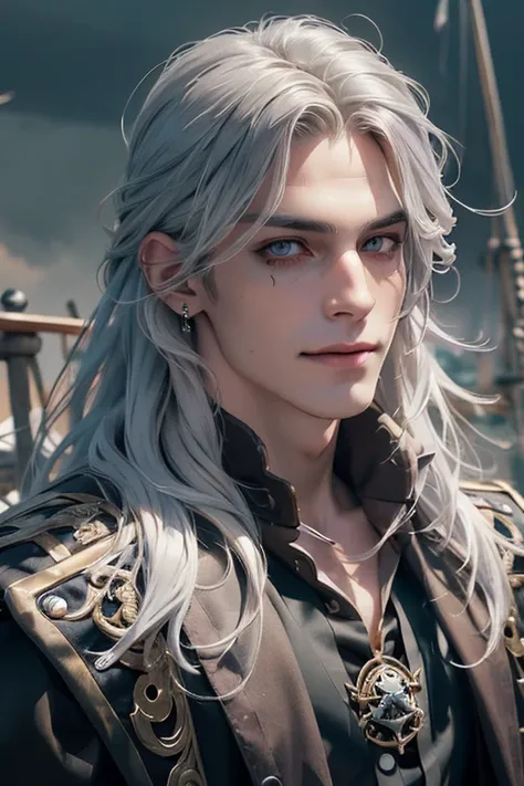 portrait front facing, of a handsome zombie, handsome, a zombie pirate, long white hair, glowing eyes, masterpiece, intricate, best quality, anime eyes, private school outfit detailed interiors private school, detailed character, dynamic pose (absurdres, h...