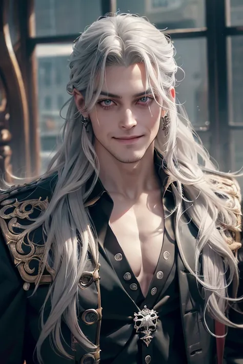 portrait front facing, of a handsome zombie, handsome, a zombie pirate, long white hair, glowing eyes, masterpiece, intricate, best quality, anime eyes, private school outfit detailed interiors private school, detailed character, dynamic pose (absurdres, h...