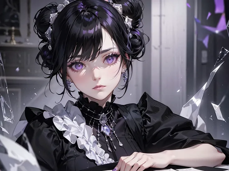 Fluffy and layered black hair, pale skin, nonbinary, lavendar eyes, lavendar and white streaks in hair, rhinestones, gems, modern punk outfit, attractive, bangs, tired face, writing a book, lace, half bun, High Resolution, Masterpiece, Accurate, Best Quali...