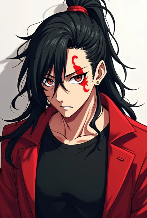  It generates the image of a man with very long black hair and a ponytail,  black t-shirt , red jacket and a red mark over his right eye ,  anime style