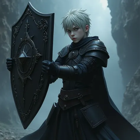 Goth boy warrior defending with an evil realistic anime shield with anime armor