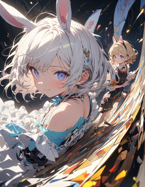 masterpiece, highest quality, Very detailed, figure, One girl, catgirl, rabbit ears、wink、white hair, tousled hair, short hair, blue eyes, blue eyes, maid outfit, Charm Points、Off the shoulder、fashion show、modernism、impressionism、(Full Body)、Simple white ba...