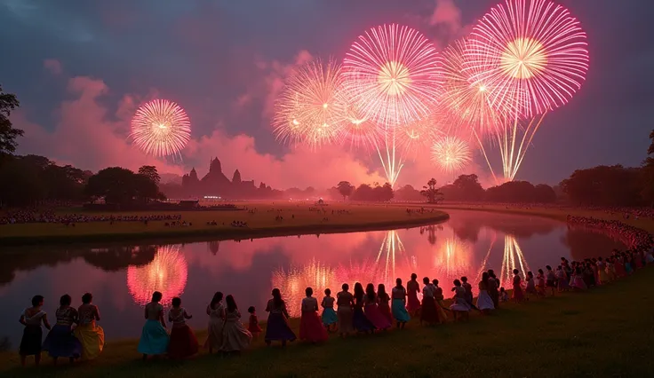 This colorful photograph captured a cultural festival at night on a grassy field next to a reflecting pond. The scene is lit up with pink, red, and gold fireworks, creating a festive atmosphere. In the foreground, colorfully dressed indigenous dancers stan...