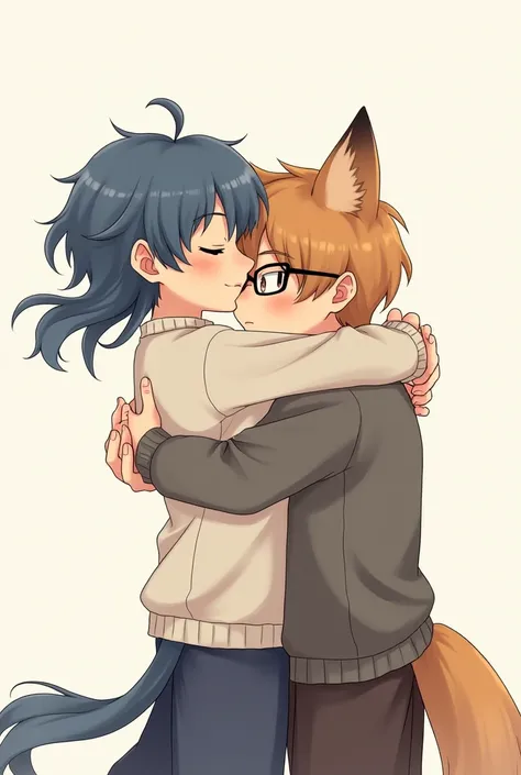 Boy with long blue hair ,  hugging another boy with slightly brown skin and dark orange hair and with glasses and with fox ears 