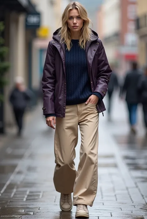 Make an outfit for women with balayage blonde hair wearing a short dark purple rain jacket and dark blue braided wool sweater attached to the body and very light beige wide and straight jeans and very light beige sneakers with platform