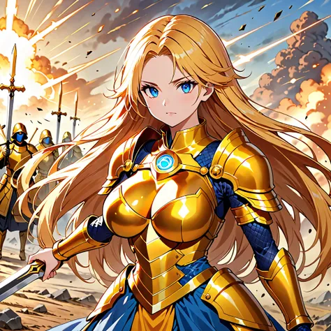  The Female Warrior Has Beautiful Big Breasts, Golden Armor,  holy swords ,  long golden hair , Beautiful blue eyes,  Eye and Face Detail ,  battlefield ,  The Power of Radiation , Justice ,  whole body,  very detailed 