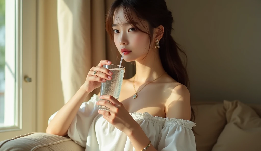 (Preserve face images), Golden Ratio、(((Drinking water from a cup)))、Pale face:1.3、Super thin face:1.3, (very big eyes:1.5)、 (blown eyes:1.5), master piece、8k, {highest quality}, {{masterpiece}}, {very delicate and beautiful}, outstanding light and shadow,...