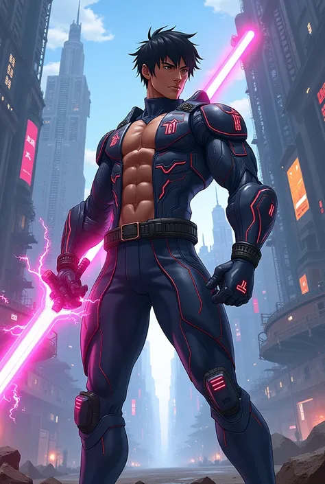 Make an anime cartoon featuring a strong brown-skinned and black-haired guy, carry an electric sword ,  while dressing up in a futuristic cyber outfit 