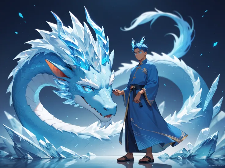 human form, adult male, blue hair, chinese dragon, ice dragon, tan skin, blue robe, blue glowing eyes, night time, ice horns on head, zoomed out, full body