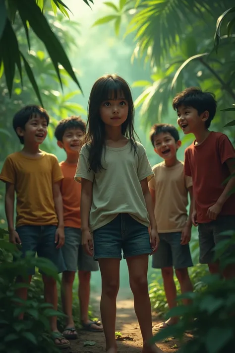 In the jungle, a girl is standing wearing a T-shirt. Four boys are holding her clothes. The girl is very scared and all four boys are laughing.