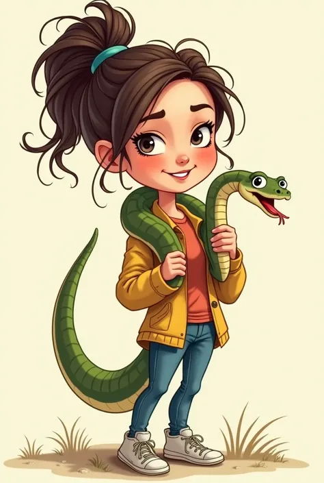 woman with a snake hanging around her neck ,  dressed in typical clothing moved typical cartoon style