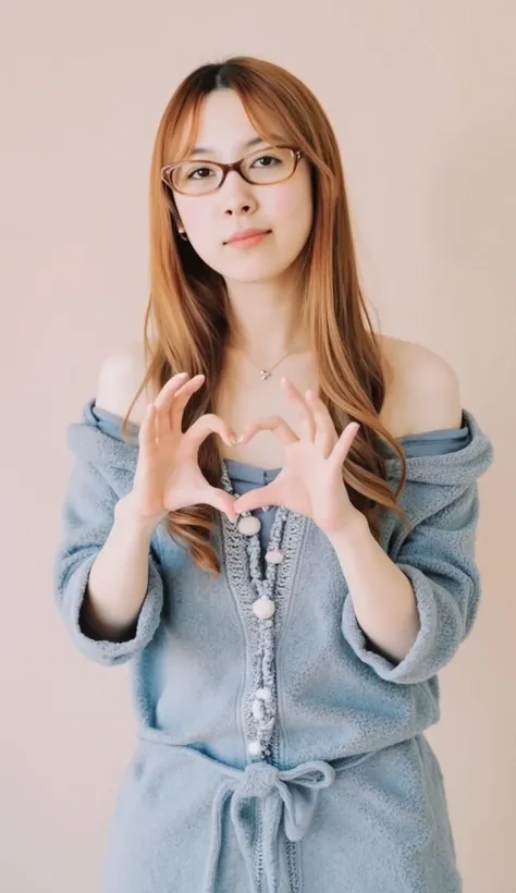 Only one woman with a cute smile wears cute, fluffy off-shoulder pajamas, makes a big heart shape with both hands, and poses them in front of her chest, View above collarbone、The background is a monotone 

