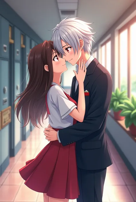 A beautiful anime girl with an anime boy with white hair, red eyes and short hair in the school corridor. The girl kisses the boy on his cheek