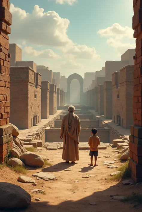 The scene depicts the ancient ruins of Mohenjo-Daro, showcasing broken walls, brick structures, and a large bathing area (possibly the Great Bath). In the center, an elderly grandfather and a young grandson stand together. The grandfather is proudly explai...