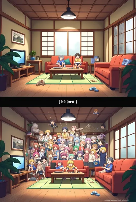 Living room anime cartoon before and after broken