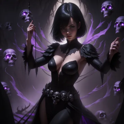 woman 30 years old, witchcraft, magician,magic clothes, where poison potions and vines abound, a woman (hutless), short black hair (black hair), (bangs), (purple eyes), looks at you amidst a pile of bones and skulls. Indifferent look , merciless. among the...