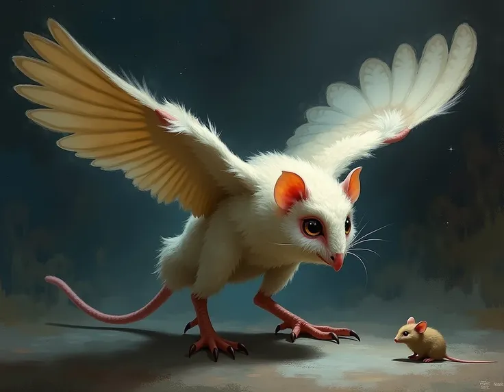  create image according to the description :  The Owl is a hybrid creature that combines the characteristics of an owl with those of a mouse. It has an agile and ,  with soft, pale feathers that allow silent flights ,  typical of an owl .  Its wings are wi...