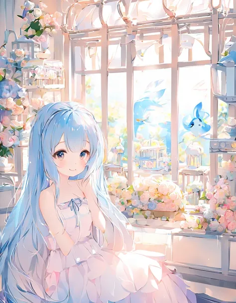  Light Blue Long Hair 、 Beautiful Girl with Twin Tails 、Im looking at the beautiful little bird in the birdcage with a smile、A bright, sunny room、 There are lots of beautiful flowers in the room