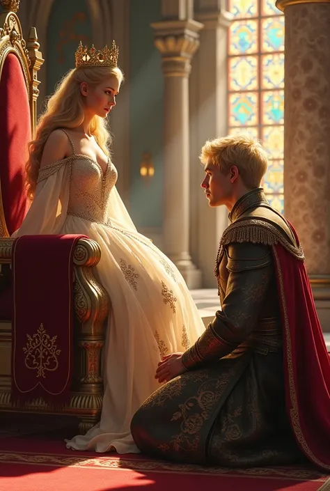 King with a crown blonde and short black hair kneeling before a fair-eyed blonde princess
