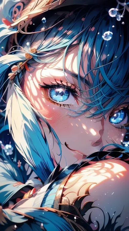 kimonoを着た女の子,  blue hair , Beautiful eyes, Sad, kimono, water,  drops sparkle , Splash, zoom, Light and Shadow, Dark and bright , Abstract,  real, (masterpiece:1.3), ( best quality:1.4), (Super detailed:1.5),   Extremely detailed,   Intricate Details ,  ab...