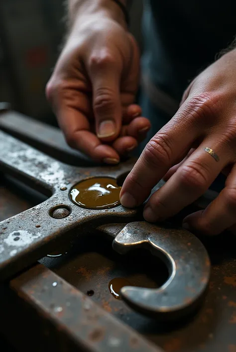 Make an image in resolution 9:16 of one both hands smearing oil on one 
Old wrench 