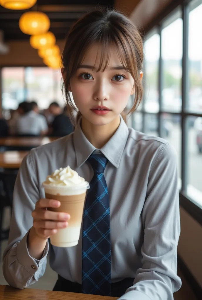 Perfect composition, Proper placement, Golden Ratio, masterpiece,  best quality,  Hi-Res,  one Japanese woman,  big beautiful Japanese woman on neon background, At a stylish famous chain cafe, She has a prappuccino:1.331,  Anatomically Correct 5-Finger ,  Prestigious Metropolitan High School Uniforms , Grey dress shirt:1.21, Line pattern tie:1.21,  navy plaid pleated mini skirt in a modern art gallery:1.21,  anatomically correct ratio :1.331,  has a small head :1.331, Slender body:1.331,  thin waist:1.331, Thin limbs:1.331,  flat chest:1.331, Brown Hair,  short hair, Anxious face, Movie Lighting, 