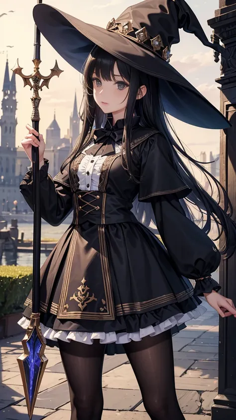  masterpiece,  Best quality , high resolution, beautiful detailed eyes, extremely detailed face , Detailed CG, 1 girl; standing, Holds a wizards staff with his hand,  view from the front,  looking at the spectator,  long black hair , black eyes,  impossibl...